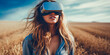 Captivating woman in vast plain, escaping reality with her virtual reality headset. Embodying freedom and multi-verse adventure through immersive technology.