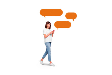 Poster - Billboard creative collage of young smiling girl walk use modern device typing texting sms isolated on white color background