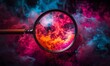 magnifying glass photography filled with smoke and neon splashes