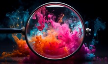 Magnifying Glass Photography Filled With Smoke And Neon Splashes