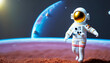toy astronaut walks on the moon surface