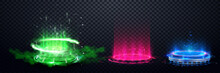 Glowing Neon Game Portal. Futuristic Teleport Podiums, Healing Aura For Game Interface. Level Up And Teleportation Process Game Effect. Vector Illustration 