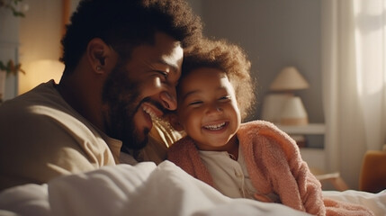 father and daughter laughing smiling waking up in the morning