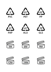 Poster - Packaging Symbols Black Thin Line Icons Set Include of Pet, Pp, Pvc and Gls . Vector illustration