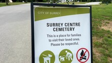 Central Cemetery In City Of Surrey Clean Lawns Lettering Invitation To Walk Graves Road Asphalt Grass Vancouver Canada Surrey 2023