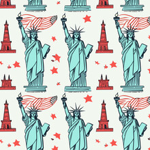 Statue Of Liberty Pattern Pattern, Background, Hand-drawn Cartoon Flat Art Illustrations In Minimalist Vector Style