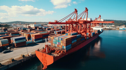 Poster - Aerial view of a long container cargo ship anchored at city port and shipyard