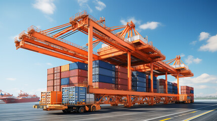 Wall Mural - Global business logistics import export and container cargo freight ship during loading at industrial port by crane, container handlers, cargo plane, truck on highway, transportation industry concept