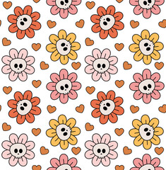 Poster - Vector seamless pattern of different color groovy cartoon flower skull isolated on white background