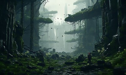 Wall Mural - natural scenery filled with trees cyberpunk, Generative Ai