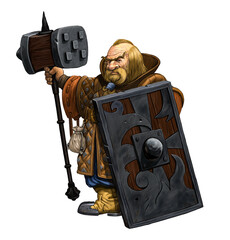 Poster - Battle dwarf with hammer. Digital fantasy illustration with knight.