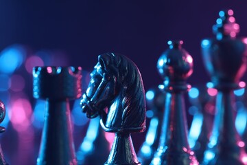 Wall Mural - Chess pieces in color light against blue background, closeup