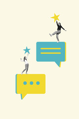 Poster - Photo collage artwork minimal picture of funny charming ladies rating chatting apps isolated beige color background