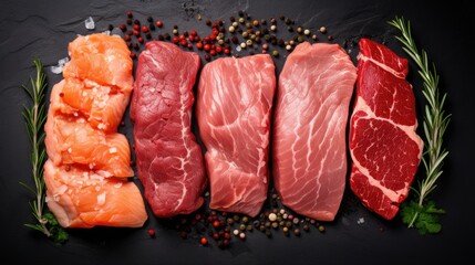 Wall Mural - Assorted of Raw meat steaks on with spices on a black stone background, top view angle, generative ai