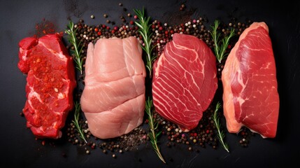 Wall Mural - Assorted of Raw meat steaks on with spices on a black stone background, top view angle, generative ai