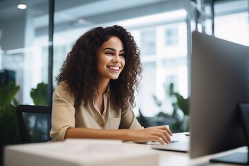 Fototapete - A girl working in an office