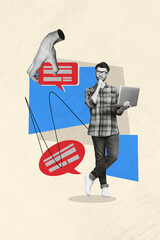 Poster - Picture collage artwork of minded thoughtful man geek hold wireless netbook write answer letter isolated on drawing doodle background