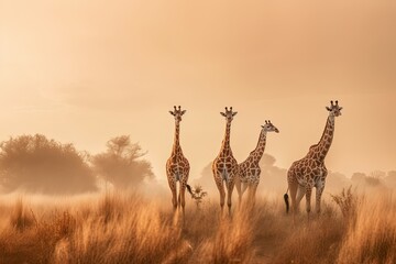 group of giraffes in the grass field in the morning