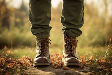 Close up generative AI photography of male legs in comfort fashionable leather warm shoes