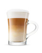 Transparent glass cup with cappuccino coffee and milk foam isolated. Transparent PNG image.