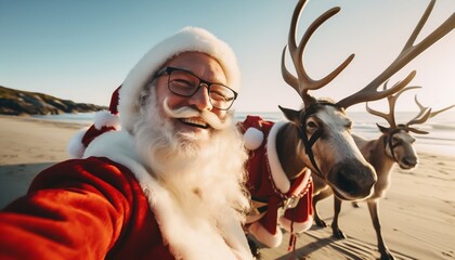 Santa claus with reindeers on a beach selfie