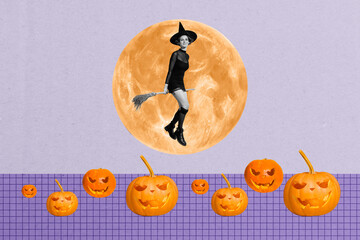 Wall Mural - Composite collage image of funny beautiful female flying broomstick pumpkin carved face smile decoration magazine sketch
