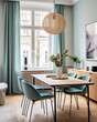 © wolfhound911 - Scandinavian Nordic style dining room blue fabric chairs