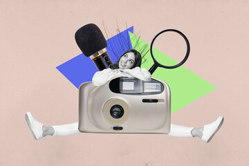 Poster - Artwork collage image of mini minded black white effect girl contemplate imagine big photo camera microphone magnifier lens