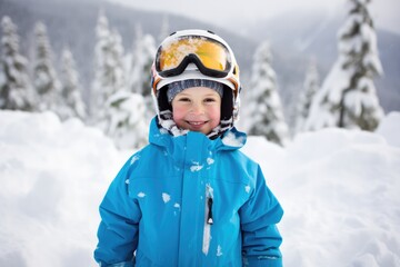 Wall Mural - Young boy covered in snow with skis