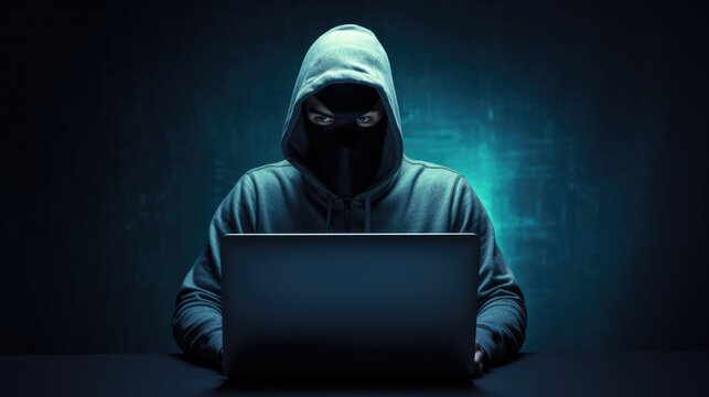 Anonymous hacker in black mask and hoodie. Obscured dark face using laptop computer for cyber attack, darknet and cyber security concept.