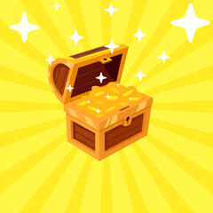 Wall Mural - Open mystery wooden chest has a golden coin. Treasure on Yellow background. Precious treasure concept. Vector illustration isometric cartoon flat design.	