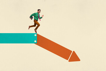 Aufkleber - Artwork collage picture of mini elegant guy hold netbook running arrow pointer down isolated on creative beige background