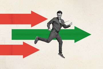 Poster - Collage picture of excited mini black white colors guy jump run raise fists arrow pointers isolated on creative background