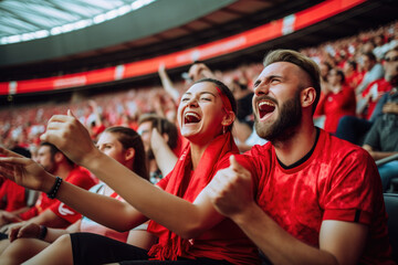 People fan in red shirts sitting in fan zone watching and cheeringa live match from stands