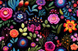 Seamless Hispanic / Mexican textile broidery floral composition on black background. Colorful flowers embroidered ornament