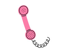 Hand Drawn Cute Cartoon Illustration Of Pink Retro Phone Handset. Flat Vector Old Telephone With Dial Sticker In Simple Colored Doodle Style. Call Device Icon Or Print. Isolated On White Background.