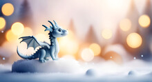 Cute Smiling Blue Dragon On A Light Blurred Bokeh Background. Winter Holidays, New Year 2024 Greeting Card Concept For Design With Space For Text. Generative AI