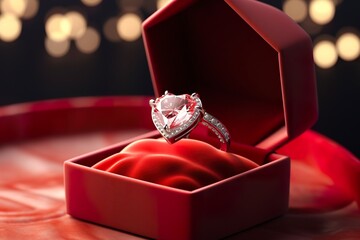 Wall Mural - An engagement ring nestled inside a red velvet heart-shaped box