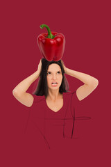 Wall Mural - Image 3d collage of angry upset girl hands touching head dieting eating only vegetables isolated on red drawing background