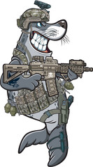 Sticker - Cartoon style seal in military gear holding assault rifle