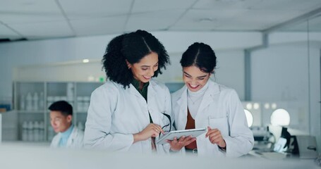 Poster - Scientist, teamwork and high five on tablet for research success, medical achievement and test results or goals. Science mentor, student or women in laboratory with wow, well done and hands together
