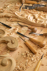 Wall Mural - Joinery craftsman tool on a wooden table. Concept for illustrating DIY projects, woodworking magazines, or home improvement blogs