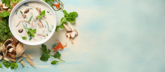 Leinwandbilder - Popular Thai dish Tom Kha Gai a coconut milk soup with chicken and herbs photographed in a studio on a isolated pastel background Copy space