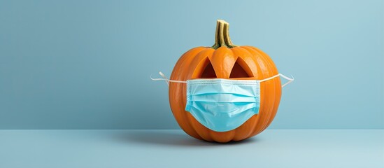 Poster - COVID19 Halloween pumpkin wearing a medical mask on isolated pastel background Copy space en background