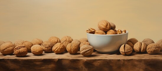 Wall Mural - Combine cup walnuts and honey isolated pastel background Copy space