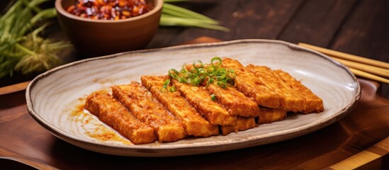 Aufkleber - Photo of Surakartas tempeh and tofu sambal with salty fish 22 June isolated pastel background Copy space