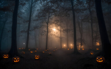 Halloween pumpkin head jack lantern with burning candles, Spooky Forest with a full moonlight and wooden table, Pumpkins In Graveyard In The Spooky Night - Halloween Backdrop.Generative Ai