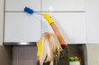 Young blonde woman cleaning the kitchen