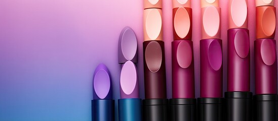 Poster - Close up of colorful lipsticks on a isolated pastel background Copy space with a palette of professional makeup shades