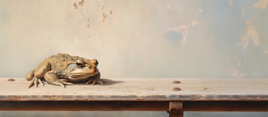 Poster - Toad resting on a bench isolated pastel background Copy space